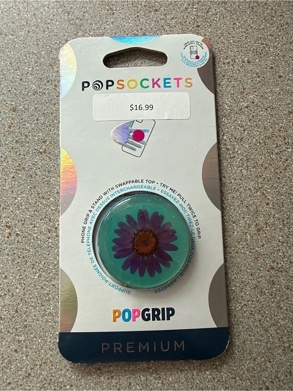 PopSocket PopGrip Premium Teal Top with Purple Daisy
